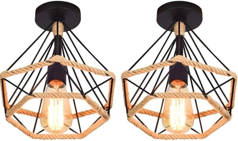 2 Stück Deckenleuchte Retro Diamant 25cm Metallkäfig mit Hanfseil Vintage Hängelampe Lampe E27 für Wohnzimmer Schlafzimm...