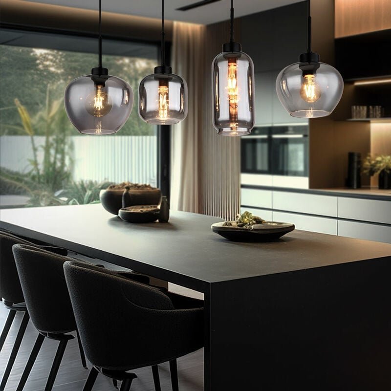 Hängeleuchte Rauchglas Pendelleuchte Glas Esszimmerlampe schwarz, Metall, 4x E27 Fassungen, LxBxH 99,5x24x120 cm