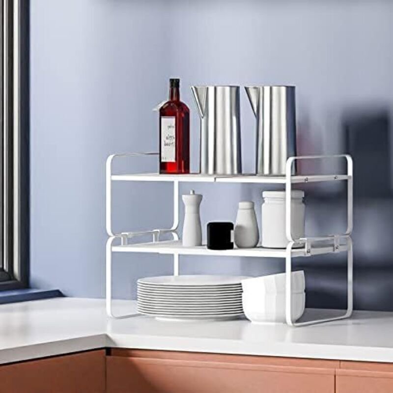 Weißes Küchenregal, 42 x 21 x 36,5 cm, Gewürzregal, stapelbar, ausziehbar, Metall, Holzwerkstoff, Tassenablage, Tellerab...