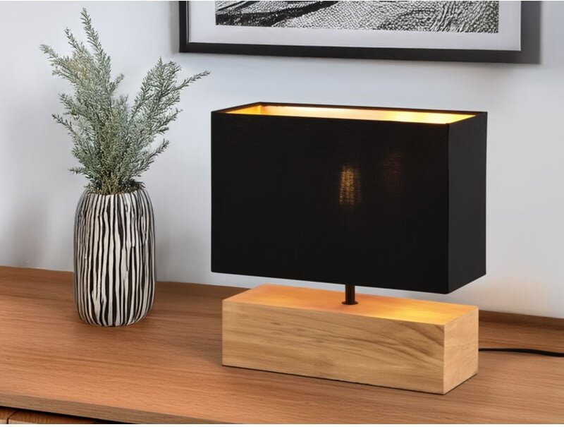Led Tischleuchte Holzfuß Stoffschirm Schwarz/Gold, Höhe 30cm