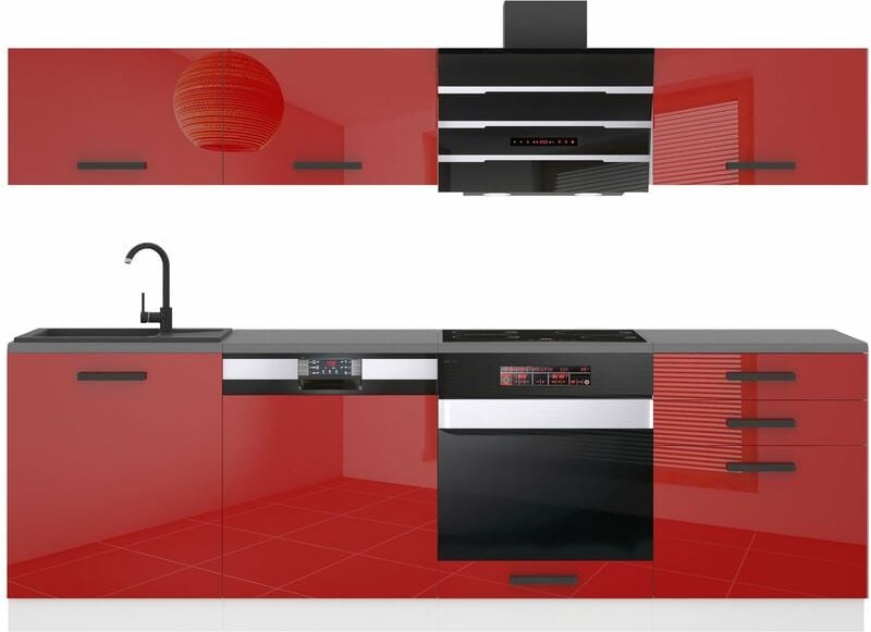 Küchenzeile Küchenblock Linda - Küchenmöbel 240 cm Einbauküche Vollausstattung ohne Elektrogeräten mit Hängeschränke und...