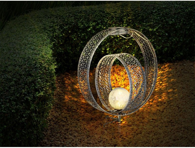 LED Solarleuchte mit Dekorstanzungen in Silber & Crackle Glaskugel, Höhe 42cm