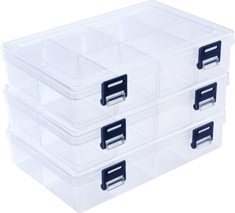Transparente Kunststoffbox, 3er-Set große Aufbewahrungsboxen mit 24 verstellbaren Fächern, transparenter Organizer für S...
