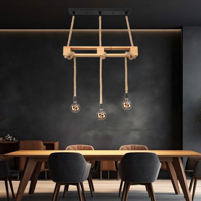 Hängeleuchte Holzlampe Pendellampe Vintage Holz Esstischlampe mit Hanfseilen, Metall schwarz natur, 3x E27, LxBxH 83x10x...