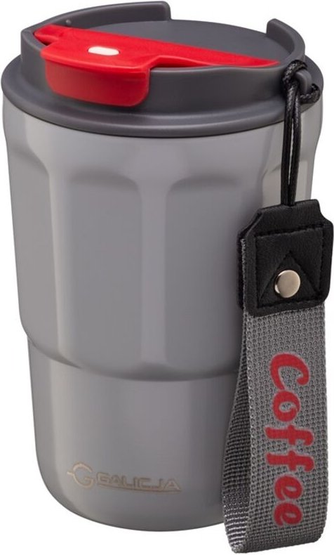 Taza térmica, botella, CAFÉ, 350 ml, acero inoxidable 18/10, plástico gris con detalle rojo