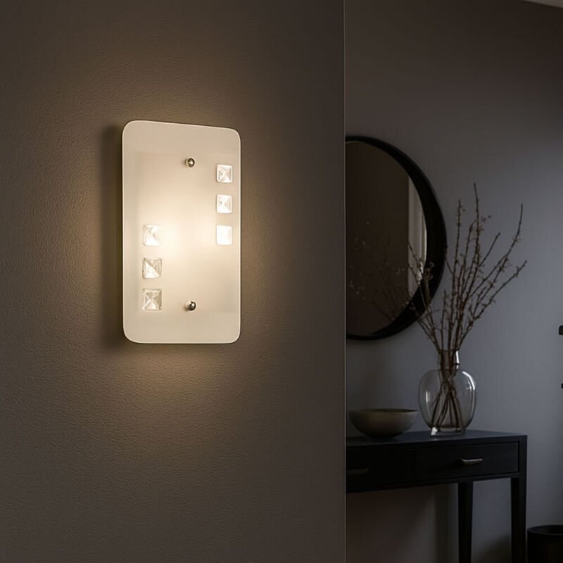 Wandlampe Wandleuchte Wohnzimmer Glas 2 flammig Kristalle, Metall, 2x E14 Fassung, h 28 cm