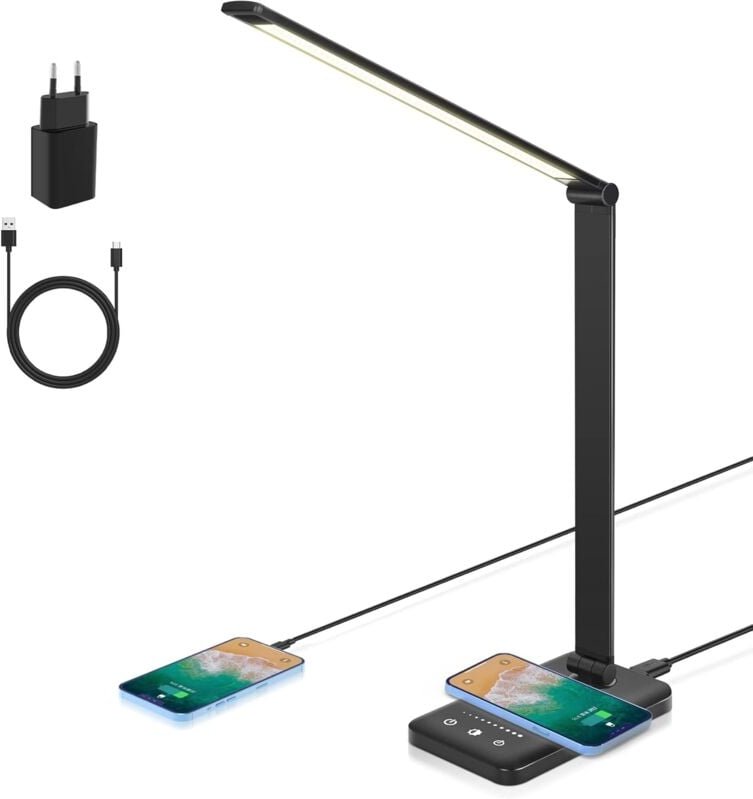 LED-Schreibtischlampe, dimmbare Tischlampe, 7,5 w, kabelloses Laden und USB-Ladeanschluss, Leselampe für Augenschutz, 5 ...