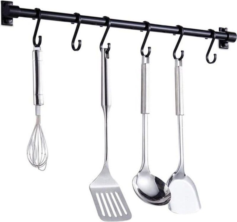 Wandmontierte Küchenutensilienleiste, 40 cm Küchenregalstange mit 6 abnehmbaren Haken, Wandregaltürhalterung (schwarz)