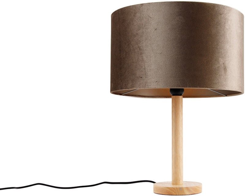 Tischleuchte Holz mit Samtschirm Taupe 35cm - Mels