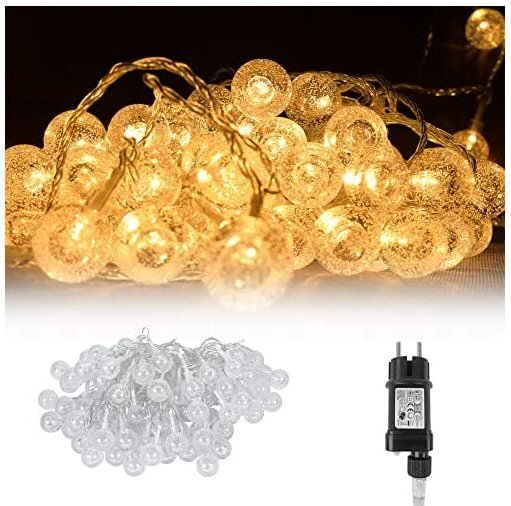 Lichterkette 10m 80er LED Kugel Lichterketten für Innen - Außen Warmweiß mit Stecker 8 Modi IP44 5m Stromkabel Glühbirne...
