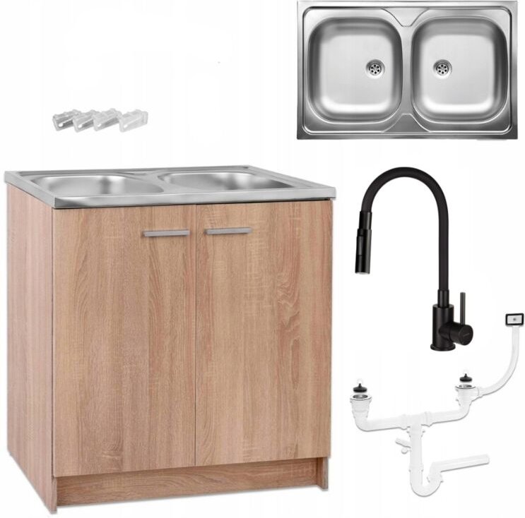 STAMAR Küchenunterschrank 80x50 - Sonoma Eiche - 2-Komponenten Spüle - Flexibler Wasserhahn