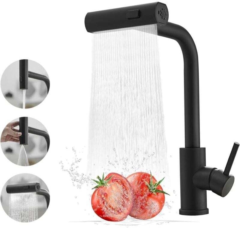 Schwarze Küchenarmatur mit Ausziehbrause, Edelstahl-Wasserfall-Küchenarmatur, Einhebel-Küchenarmatur mit Ausziehbrause f...