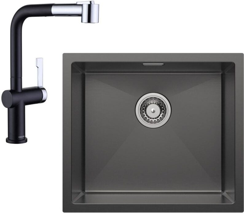 Cecipa Max - Unterbauspüle mit 1 Becken 50×44CM Edelstahlspüle Anthrazitschwarz + Küchenarmatur mit 2 Strahlarten Auszie...
