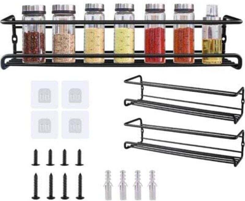 Wandmontiertes Gewürzregal für die Küche, für Küchenschranktüren, zum Kleben oder Bohren, schwarz (2er-Set)