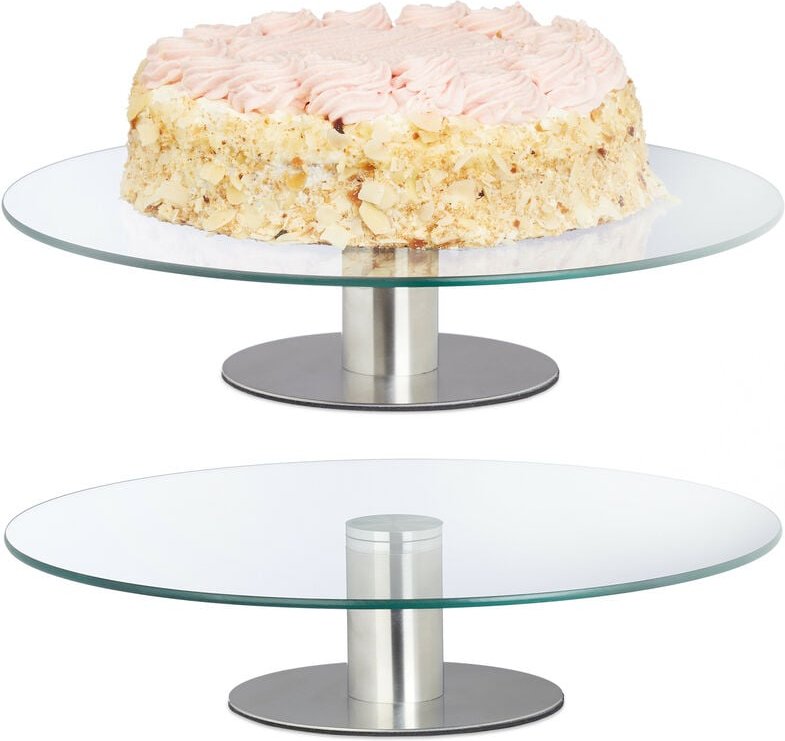 Thumbnail - Tortenplatte mit Fuß, 2er Set, drehbar, ∅ 30 cm, zum Servieren, runde Kuchenplatte Glas, transparent/silber - Relaxdays