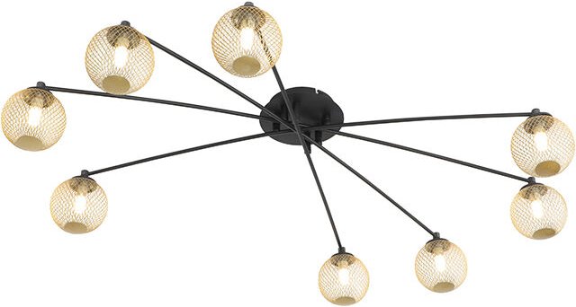 Qazqa - Moderne Deckenleuchte schwarz mit goldenen 8 Lichtern - Athens Wire