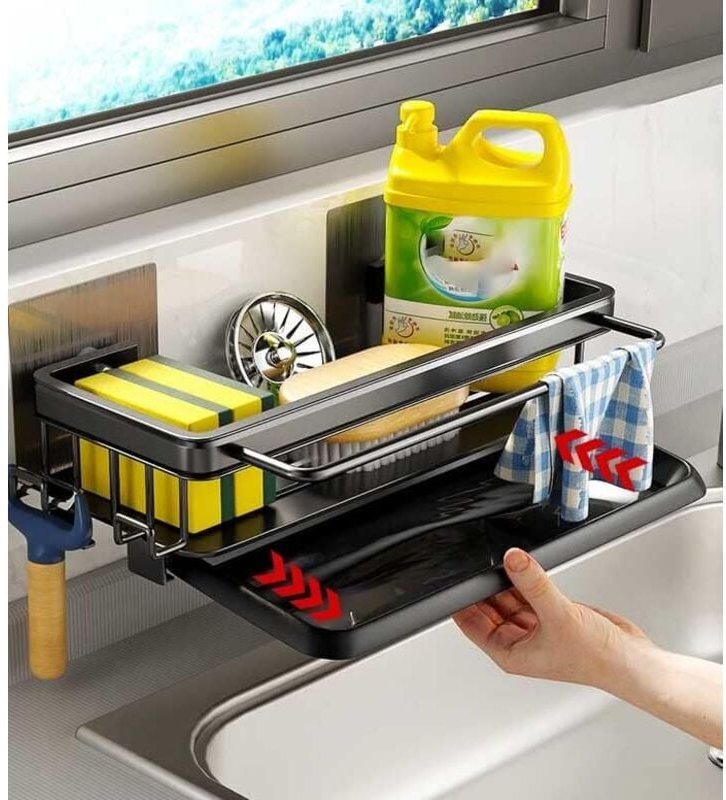 Acrylicc Spülbecken Organizer Schwarz,Kein Bohren Erforderlich Schwarzer Organizer für Küchenspülen,Mit Tropfschale Lapp...