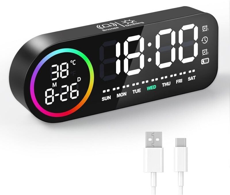 Digitaler Wecker mit großem LED-Display – Touchscreen, Doppelalarm (Schlummerfunktion, 5-stufige Dimmfunktion) – Schwarz