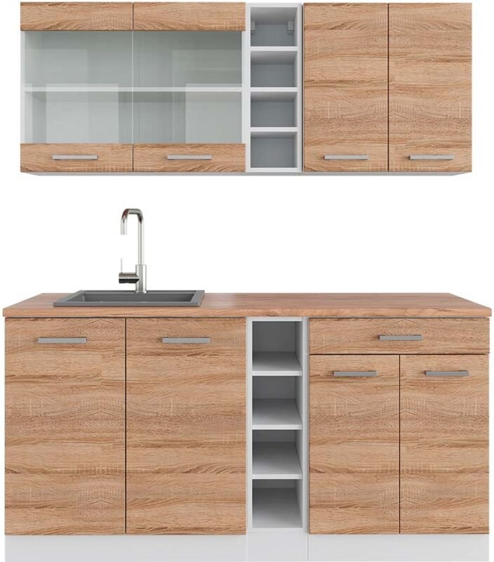 Singleküche R-Line, Sonoma/Weiß, 160 cm , AP Eiche, Vicco