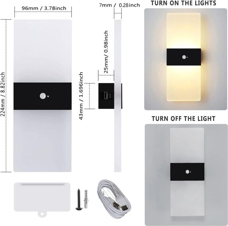 LED-Wandleuchte mit Bewegungsmelder für den Innenbereich, batteriebetriebene Wandlampe, Nachtlicht, wiederaufladbarer US...