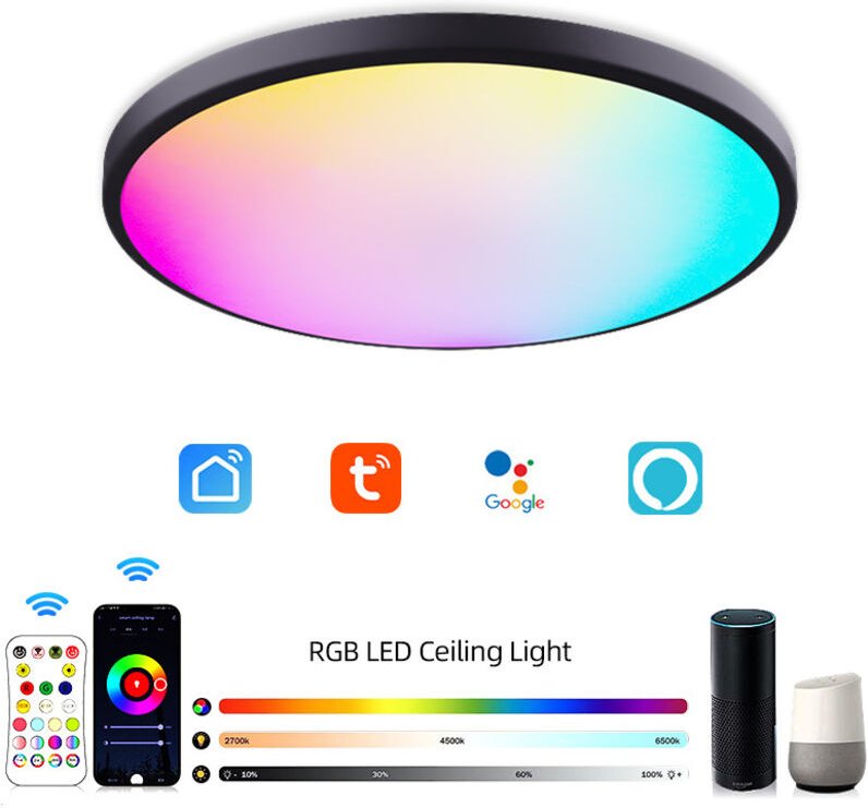 Tuya 220V240V RGB dimmbare smarte LED-Deckenleuchte mit Fernbedienung und Wi-Fi, runde Form.