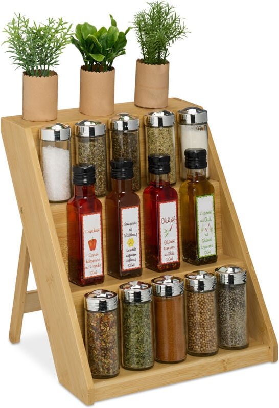 Relaxdays - Gewürzregal, Bambus, h x b x t: 29,5 x 30 x 26 cm, 3 Etagen, Gewürztreppe stehend, Gewürzaufbewahrung, natur