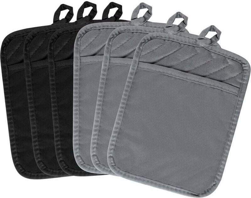 Ensemble de six dessous de plat de cuisine résistants à la chaleur avec poches, noir/gris, en éponge de coton résistante...