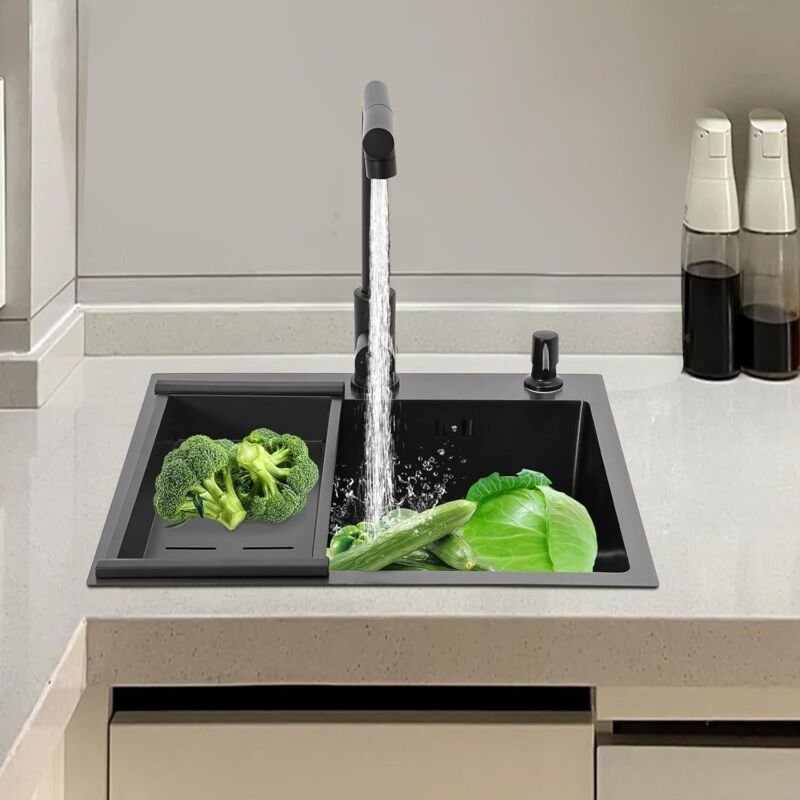 Spülbecken Schwarz 50x45 cm, Spülbecken 1 Becken, Küchenspüle Edelstahl Eckig, Waschbecken Küche Klein Einbauspüle, Edel...