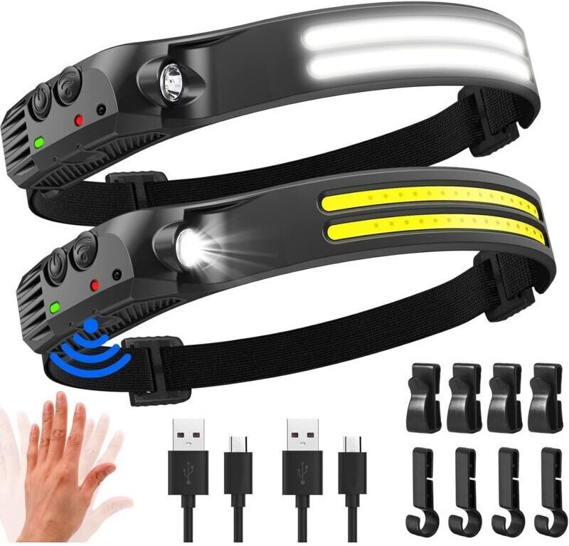 2er-Pack extrem leistungsstarke LED-Stirnlampe, 2000 Lumen, 230° Abstrahlwinkel, USB-wiederaufladbar, mit Bewegungssenso...