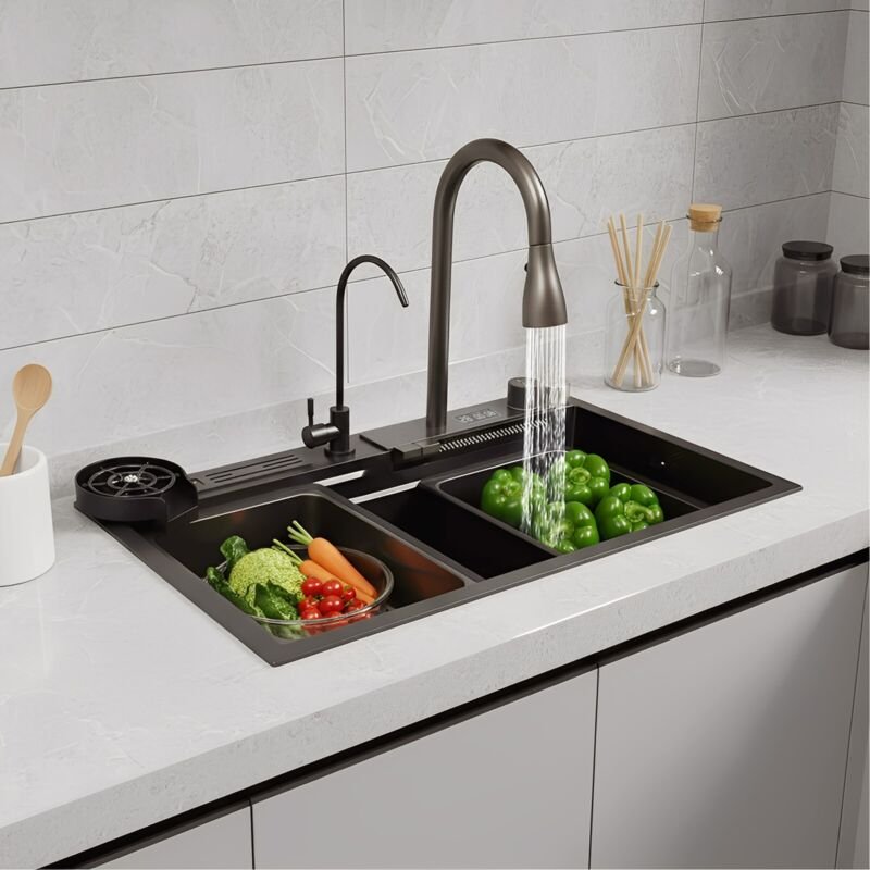 Edelstahl Küchenspüle Wasserfallspüle SpülbeckenSet Einbauspüle mit Wasserhahn