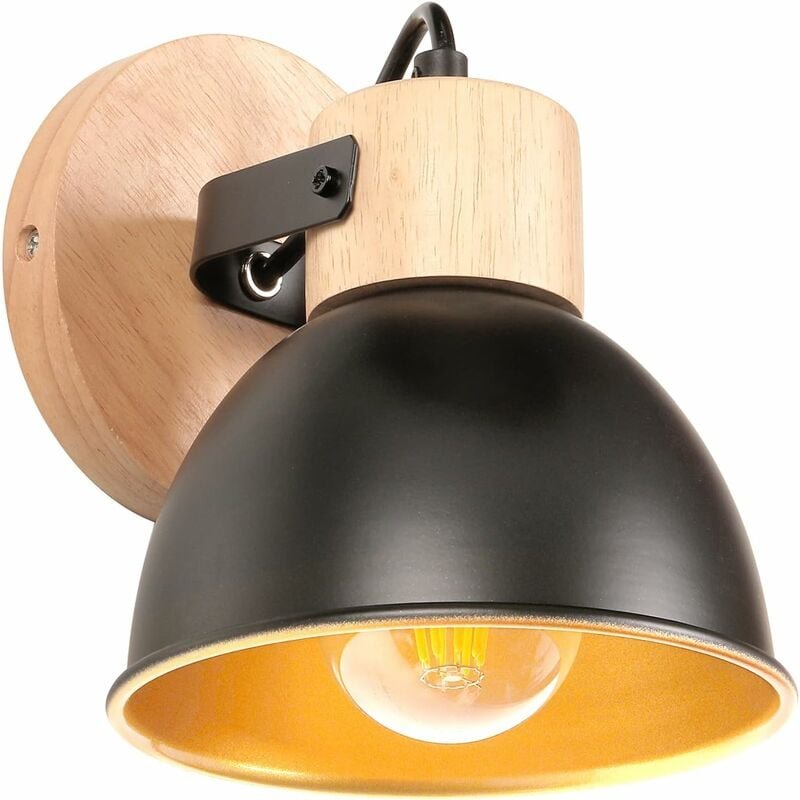 Retro Industrielle Wandleuchte Schwarz Wandlampe aus Holz und Metall für Schlafzimmer Wohnzimmer Schwarz+Golden
