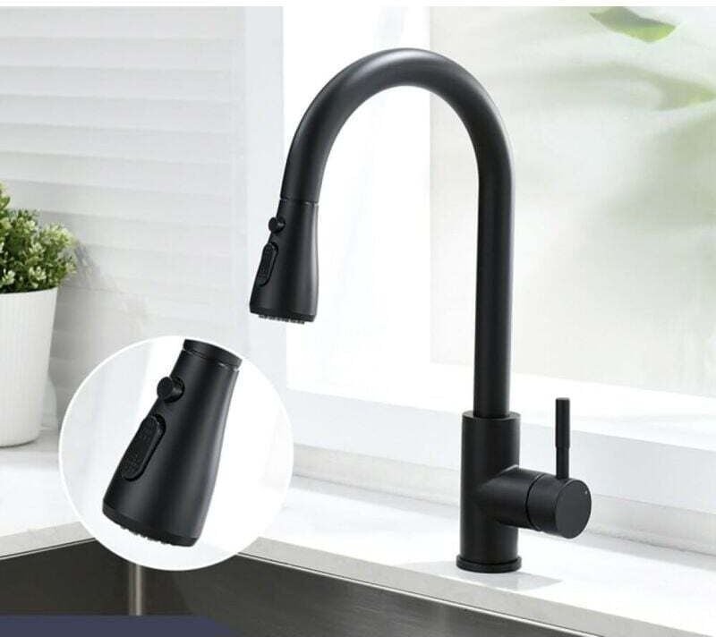 Robinet de cuisine avec douchette extractible Noir Robinet mitigeur d'évier pivotant à 360 degrés avec 3 modes de pulvér...