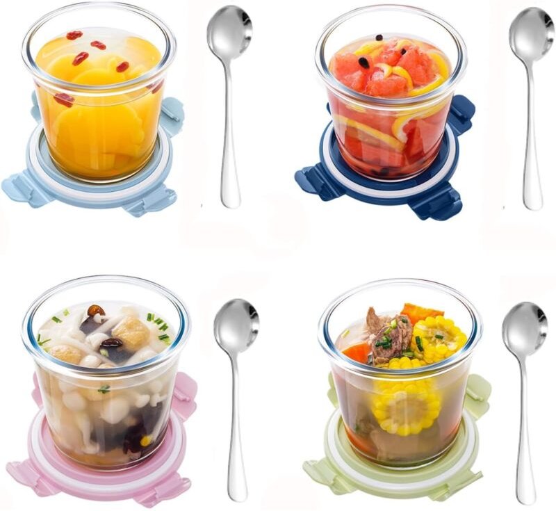 800 ml Glass Container with Lid, 4 Glass Soup Containers, Glass Jar with Lid, Meal Prep Glasses, Kitchen Soup Containers...