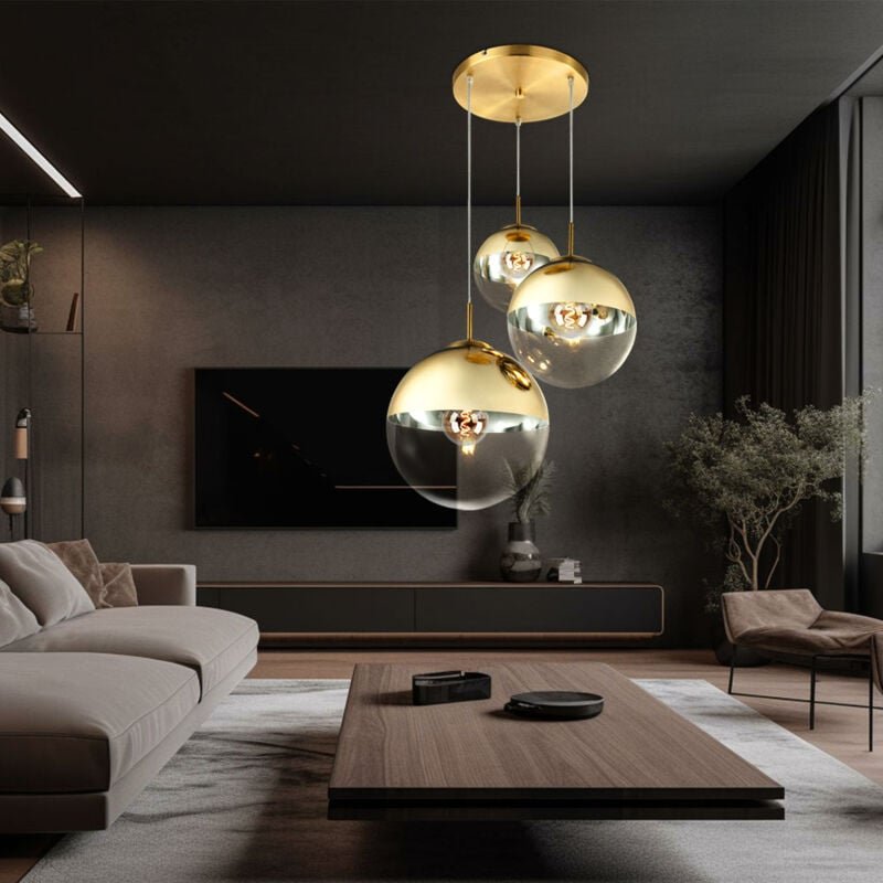 Hängelampe Pendelleuchte Glas 3 flammig goldfarben Glaskugel Pendelleuchte Glaskugel Esstischlampe, Metall, 3x E27 Fassu...