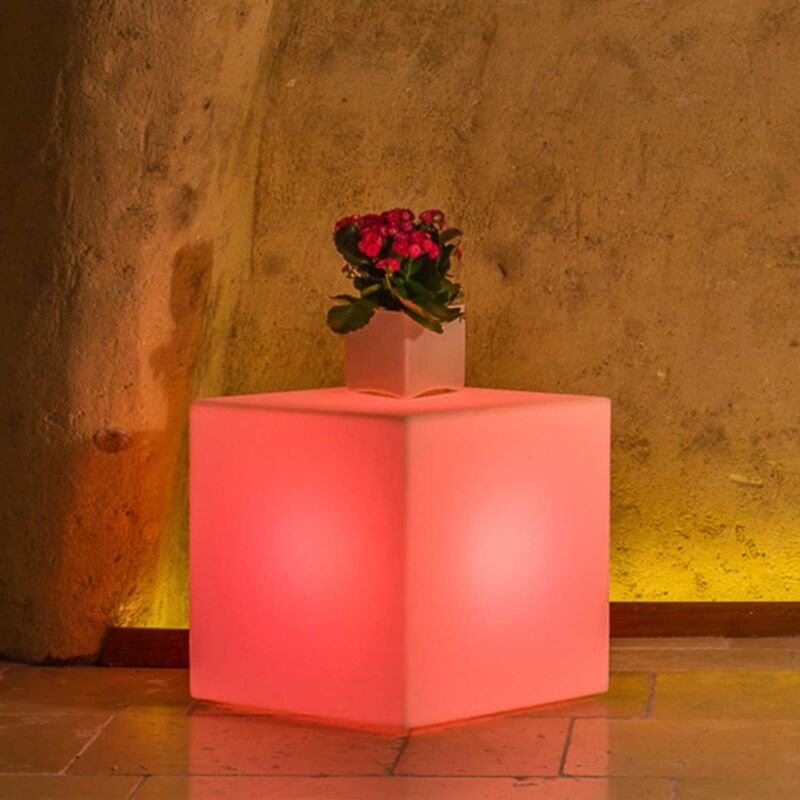 Idralite - Eckige Lampe h 40 aus Harz 40x40 cm mod. Cubo rotes Licht