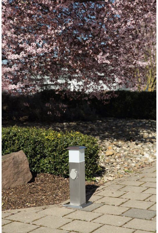 Thumbnail - Heitronic - Stehleuchte mit Steckdosen Außenlampe Steckdosen Energieverteiler mit Beleuchtung, Edelstahl opal, 1x led 1,...