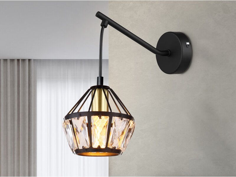 Wandleuchte lois mit Glaskristallen Metall Schwarz Gold, Höhe 25cm