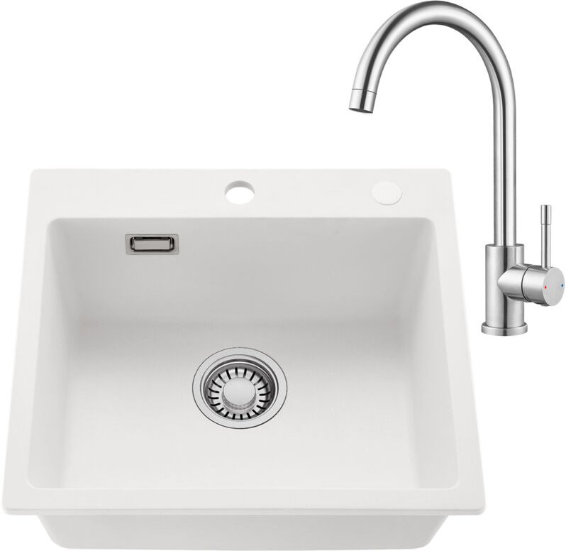 CECIPA MAX Weiße Granit Küchenspüle 50 x 45 cm & Edelstahl-Küchenarmatur - Perfekt aufeinander abgestimmt, inkl. Siphon-...