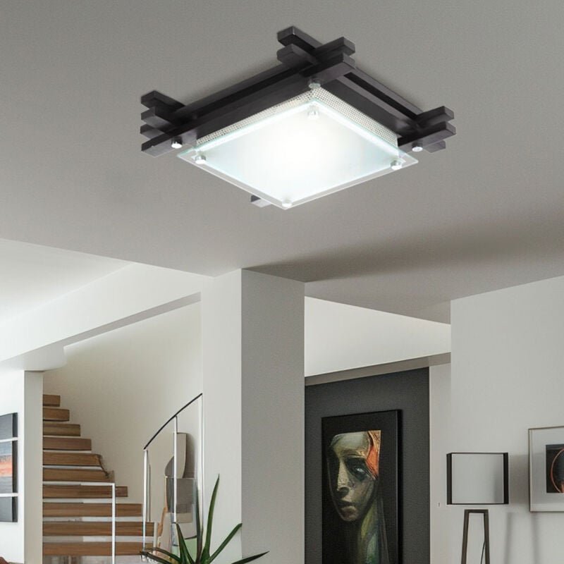 Globo - Holzlampe Deckenlampe Deckenleuchte Wohnzimmerleuchte Schlafzimmerlampe, Holz braun Glas satiniert Metall, 1x E2...