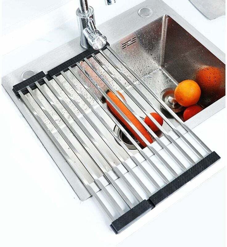 Abtropfgestell faltbar, Spülbeckenmatte aus Edelstahl zum Aufrollen, silbernes Küchenabtropfgestell (16 Röhren faltbar 4...