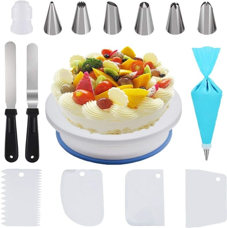 15-teiliges Tortendrehteller-Set, Gebäckdrehteller (1 x 28 cm Drehteller, 2 x Spatel, 4 x Teigschaber, 6 x Spritztüllen,...