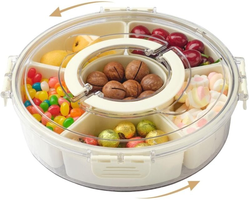 Runde Snackbox, unterteilte Snackbox, geteiltes Serviertablett mit Deckel und Griff, drehbare Snackschale, für Snacks, N...