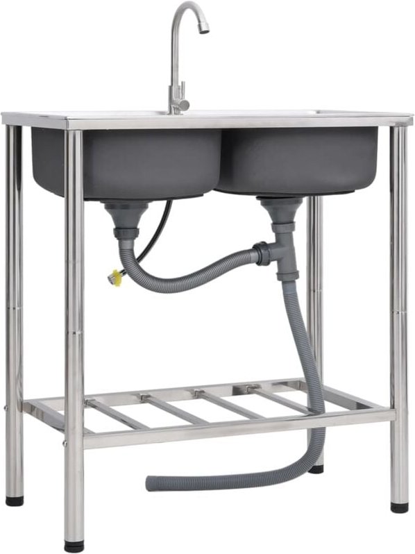 Camping-Spüle mit Doppelbecken und Wasserhahn Edelstahl - Vidaxl