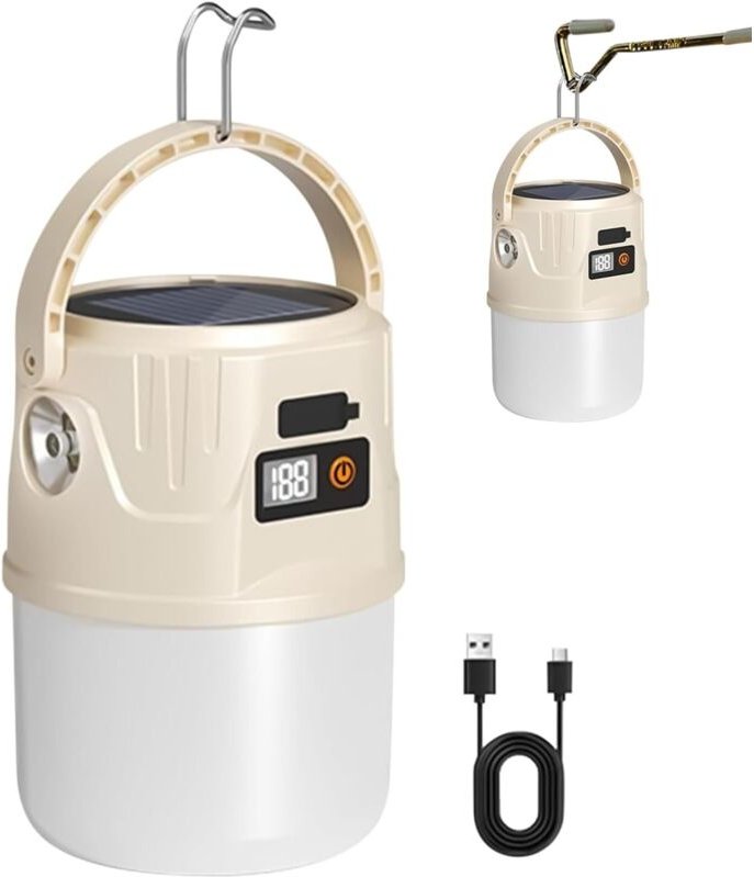Campingleuchte – Superhelle Taschenlampe 2 Modi, Anzeige, Akku, Solarpanel, wasserdicht, mit Haken für den Außenbereich