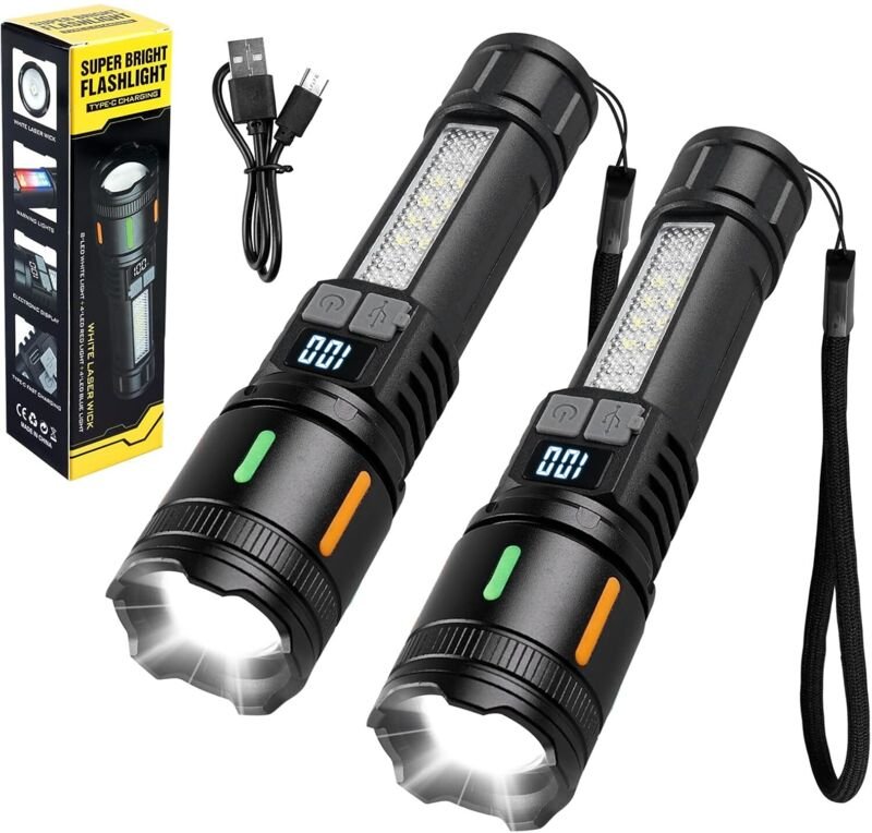 2er-Pack ultra-leistungsstarke LED-Taschenlampen, wiederaufladbare Taschenlampen, extrem lichtstarke Taschenlampen, USB-...