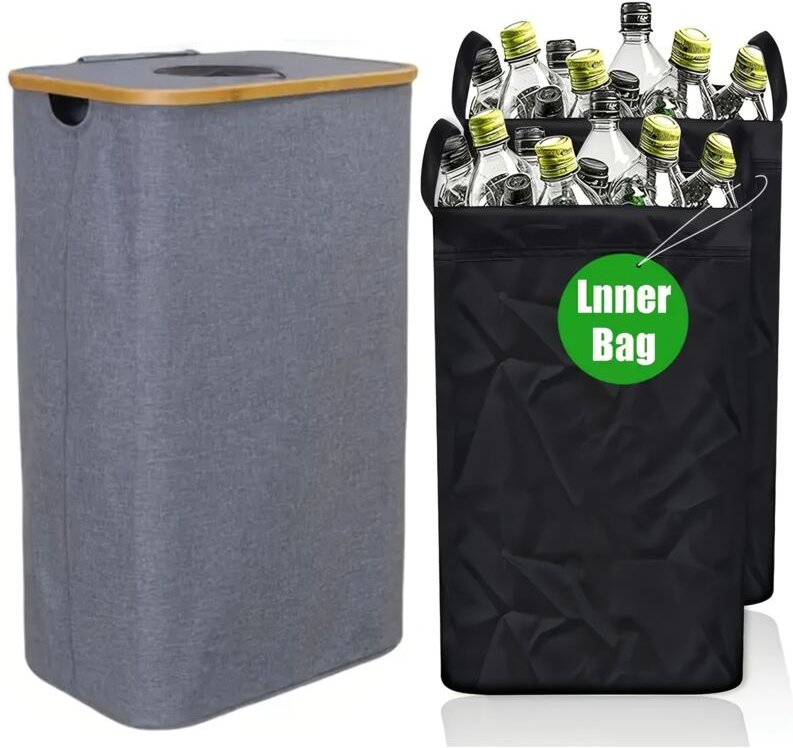 100L Bottle Recycling Bin with Lid & 2 Reusable Pouch, Gray