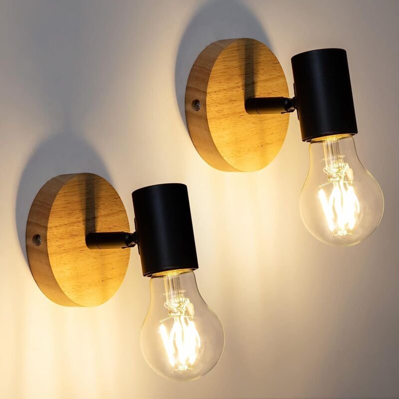 GOECO 2 Stück Wandleuchte Innen Holz Retro Wandlampe E27 Basis Für Schlafzimmer, Wohnzimmer, Flur, Diele