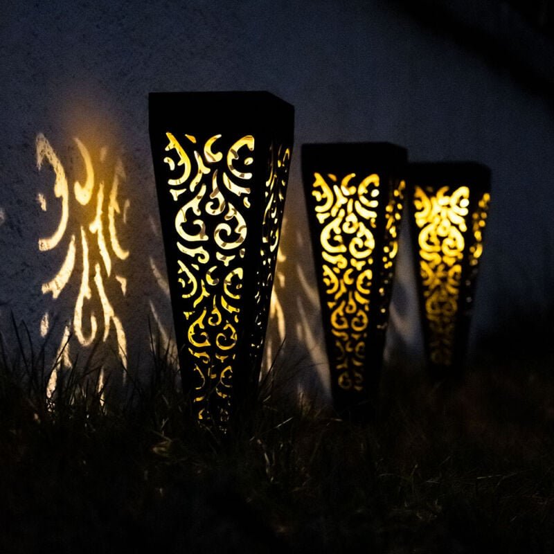 3er Set LED Solar Steck Leuchten Außen Erdspieß Garten Strahler Terrassen Lampen schwarz-gold