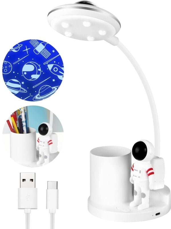 5-W-LED-Schreibtischlampe für Kinder, dimmbare, kabellose, wiederaufladbare Tischlampe mit Stifthalter und Projektion, f...