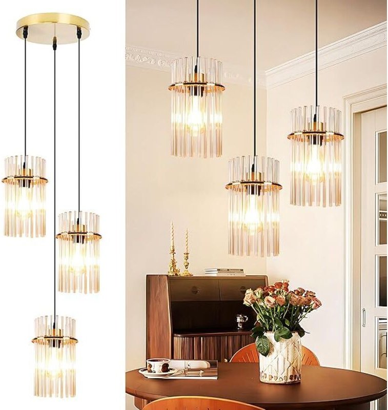 GBLY Pendelleuchte 3 Flammig Hängelampe Esstisch Rund Gold E27 Glasschirm Ø 16 Für Esszimmer Küche Wohnzimmer Cafe Bar O...